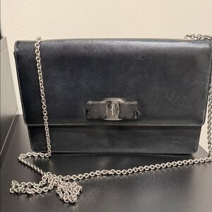 Salvatore Ferragamo Black Leather Bag with Silver Chain